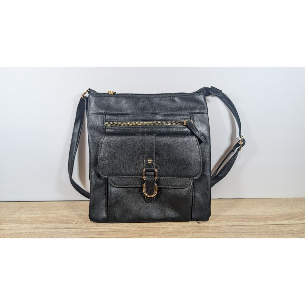 Black Faux Leather Crossbody Bag with Front Buckle Pocket & Adjustable Strap